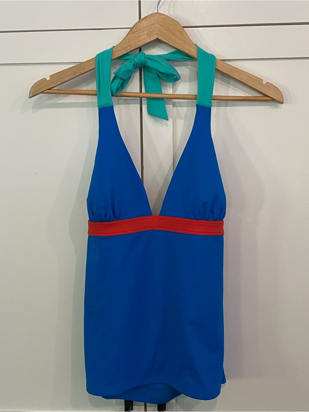 Boden NWT Blue Halter Swim Tankini Top (top only) Teal Straps & Red Band Size 10